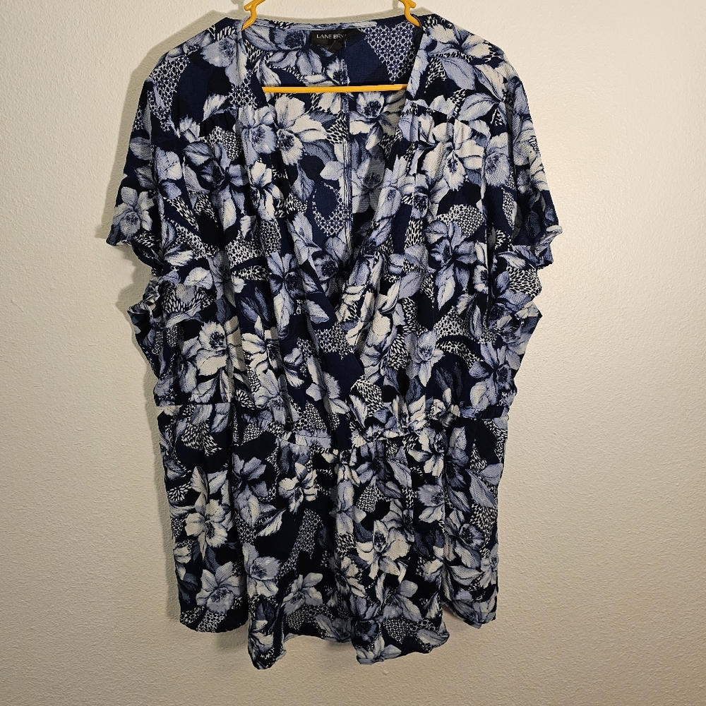 Size 24 Blue Floral Faux Wrap Front Top